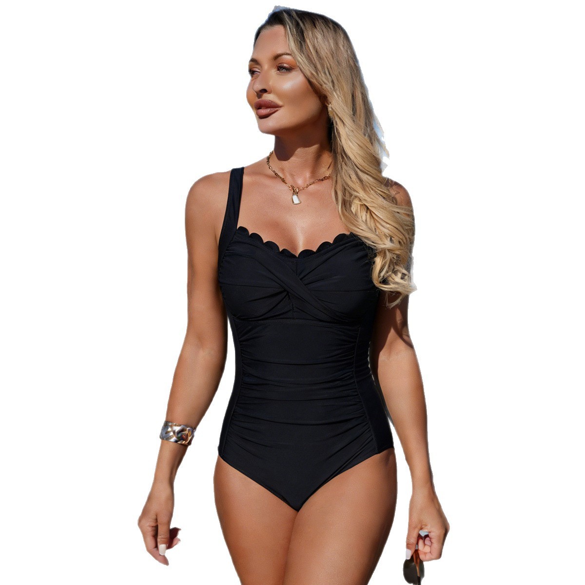 Black Swimsuit Scalloped Neckl - Swimsuit Bikini Ruched recensione e prezzo