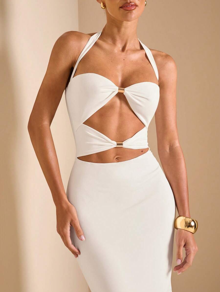 White Cut Out Halter Neck Fitt - Maxi Dress Halter recensione e prezzo