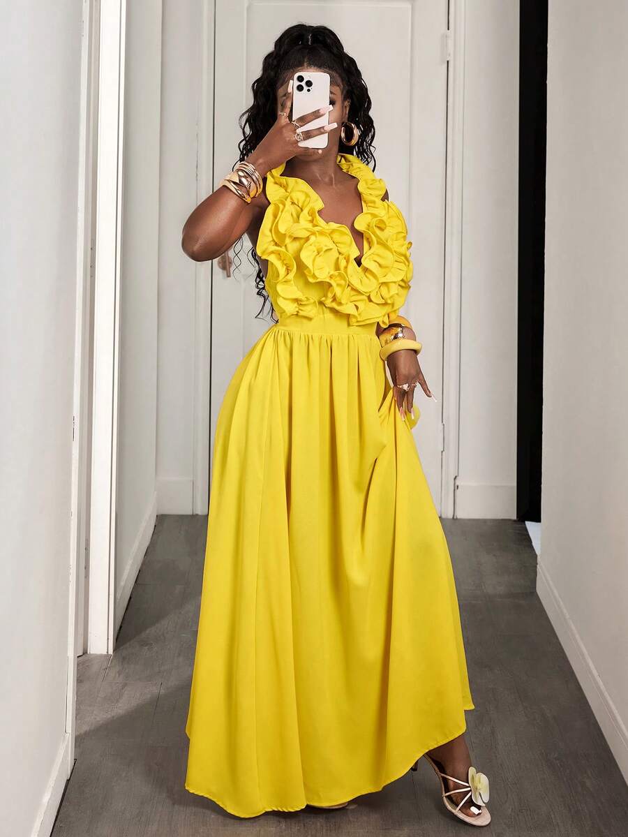 Yellow Deep V-Neck Ruffle Halt - Maxi Dress Halter recensione e prezzo