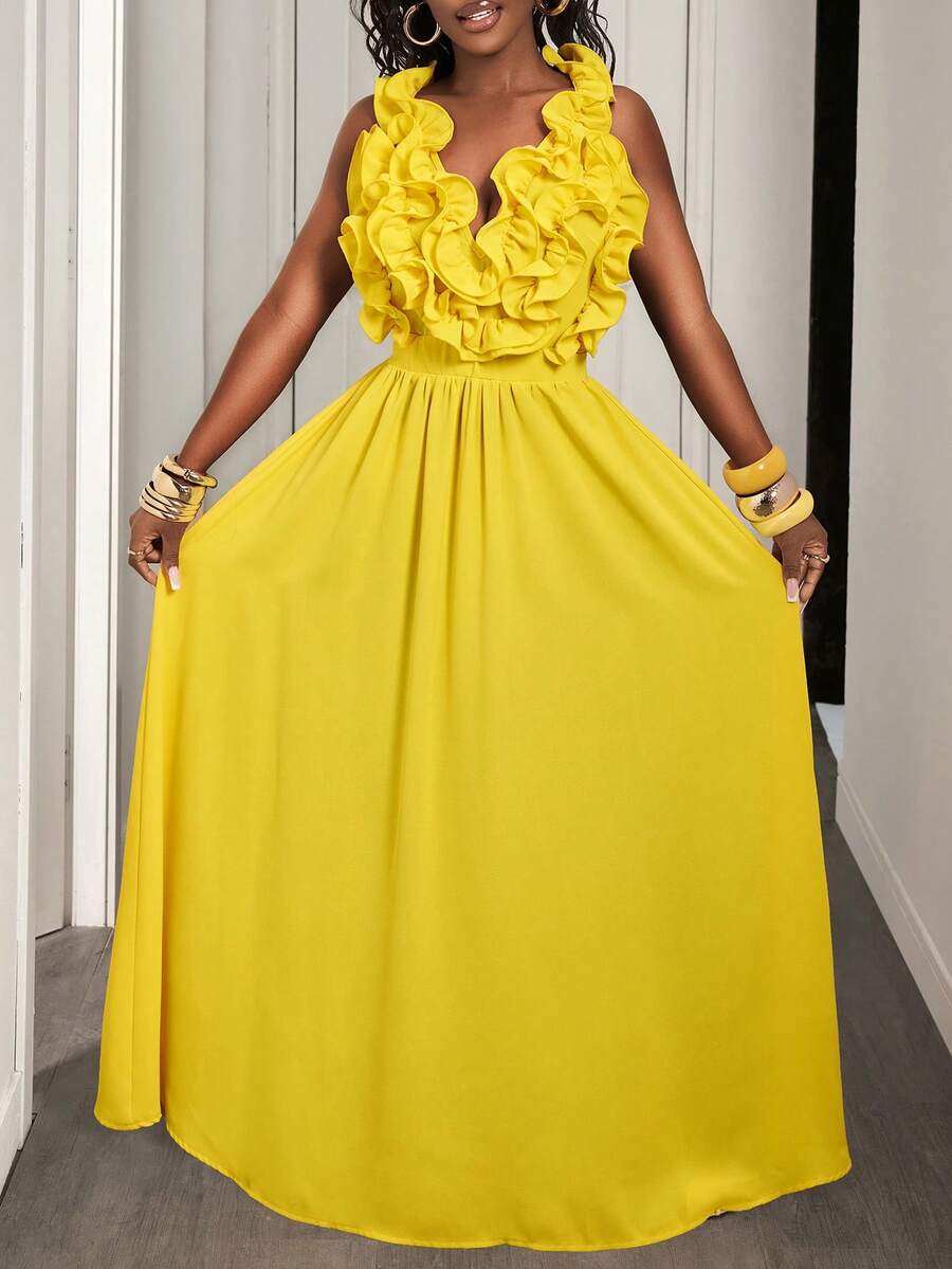 Yellow Deep V-Neck Ruffle Halt - Maxi Dress Halter recensione e prezzo