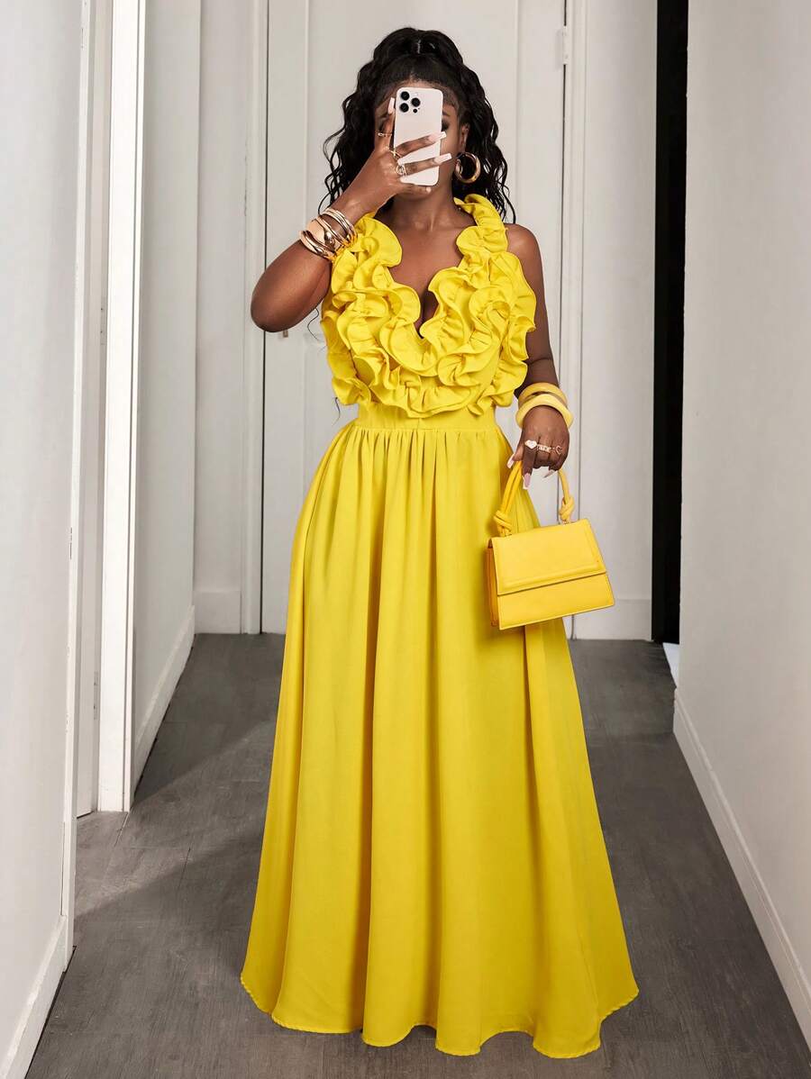 Yellow Deep V-Neck Ruffle Halt - Maxi Dress Halter recensione e prezzo