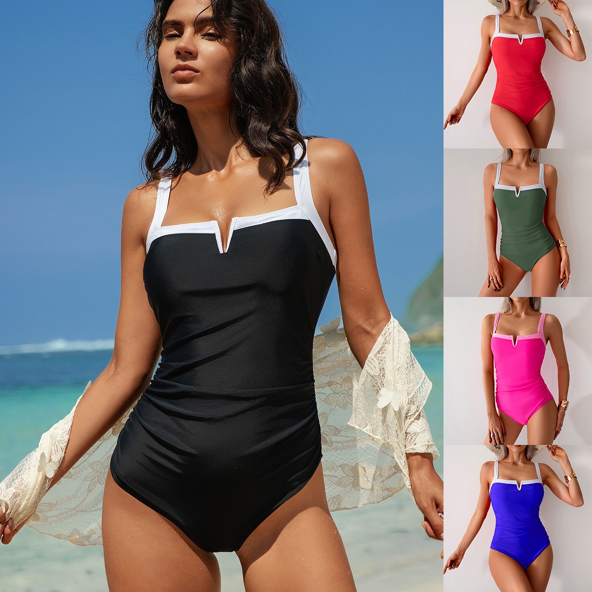 Black Swimsuit V Neck Red Biki - Swimsuit Bikini Ruched recensione e prezzo
