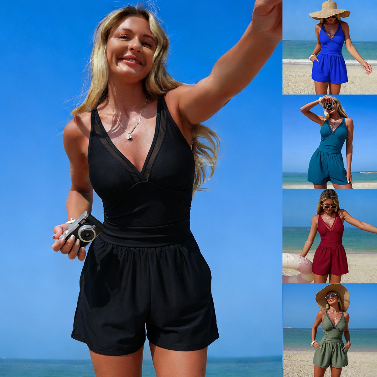 Black Solid Color Sleeveless V - Swimsuit Bikini Ruched recensione e prezzo