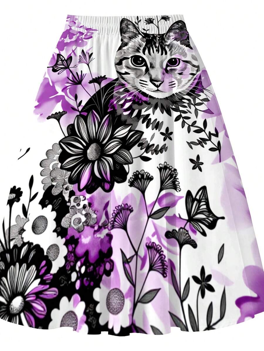 Oversized Floral Cat Print Mid - Midi Skirt Floral recensione e prezzo