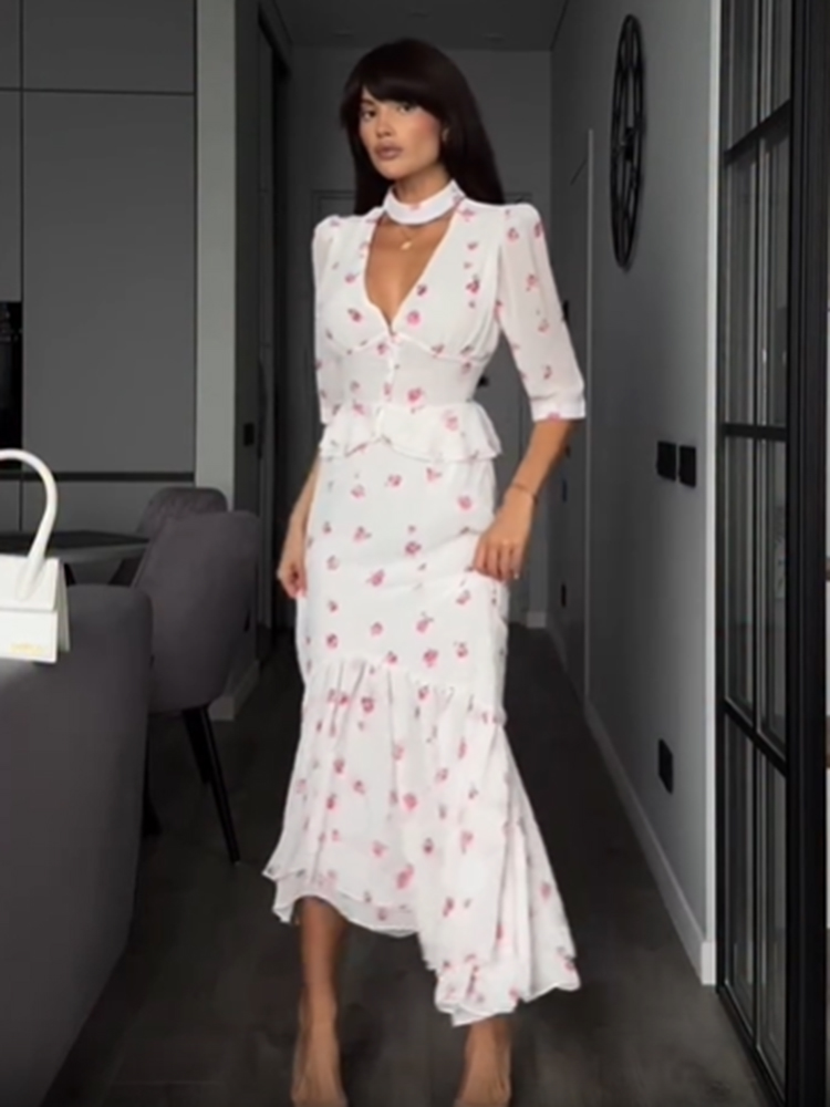 Women White Pink Floral Choker - Midi Skirt Floral recensione e prezzo
