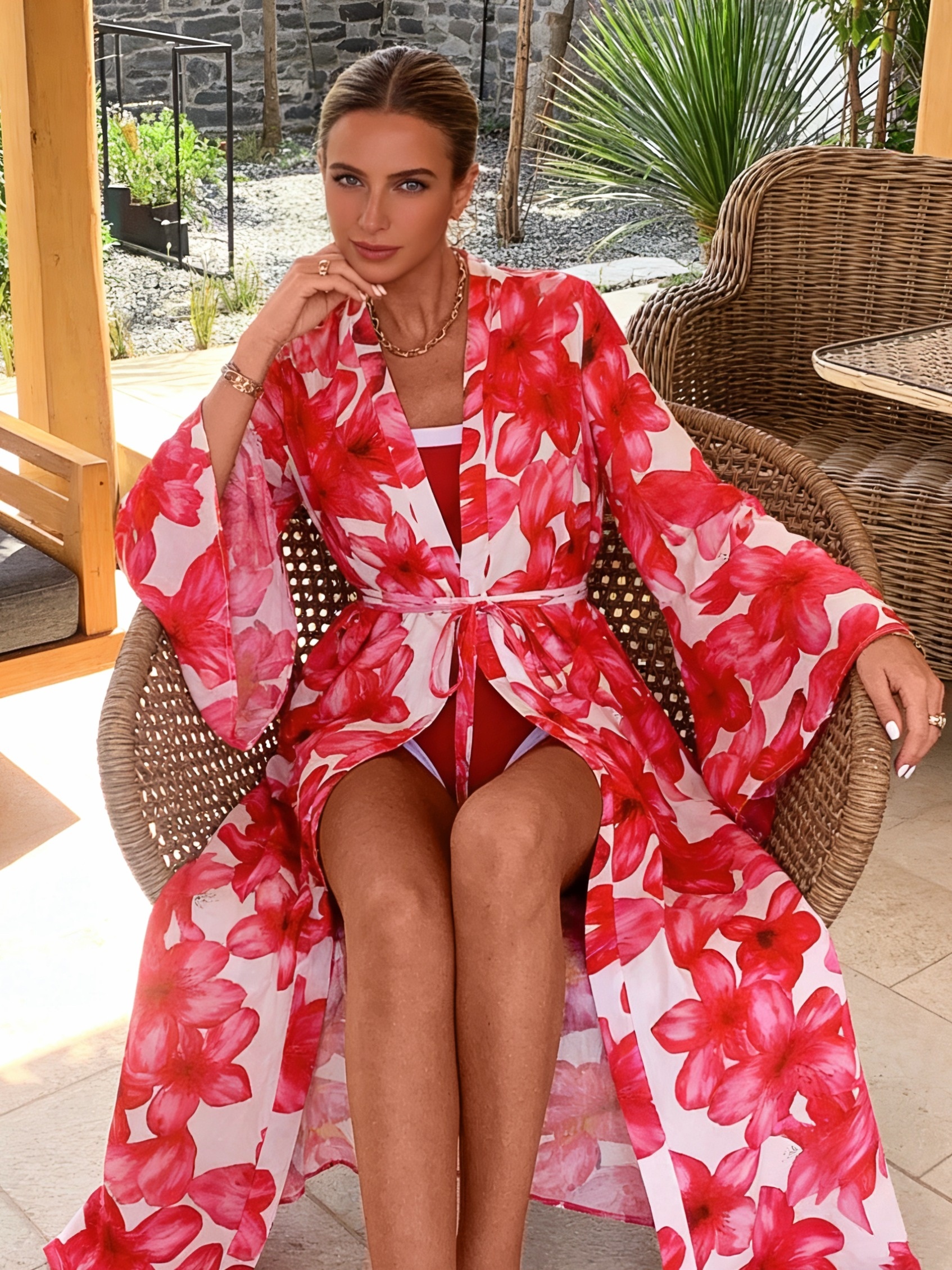 Women's Red Floral Kimono Robe - Kimono Sheer Floral recensione e prezzo