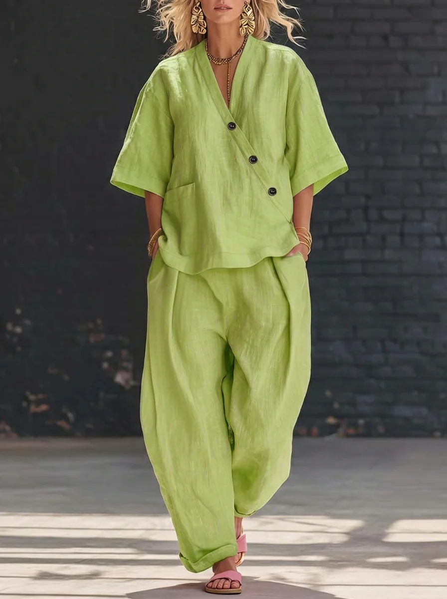 Women’s Two Piece Set Loose V  - Linen Pant Wide recensione e prezzo