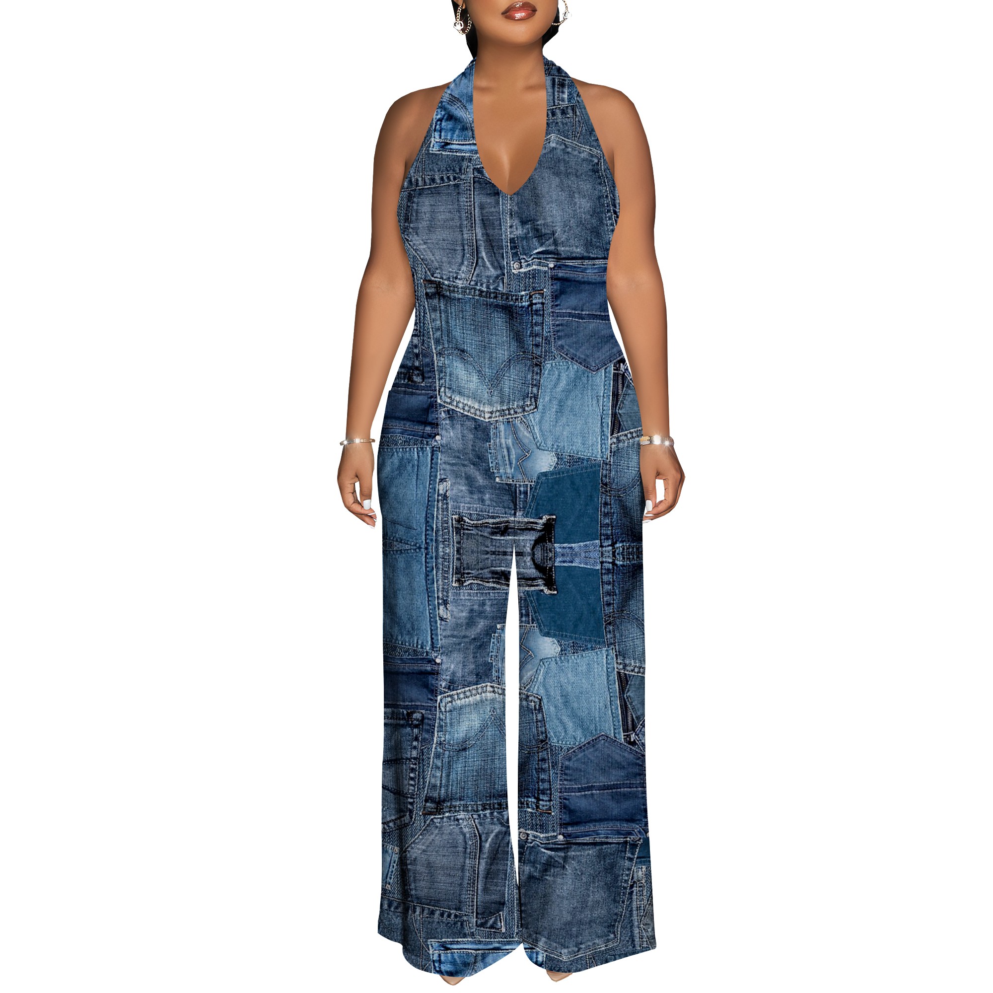 Denim Patchwork Halter V-Neck  - Maxi Dress Halter recensione e prezzo